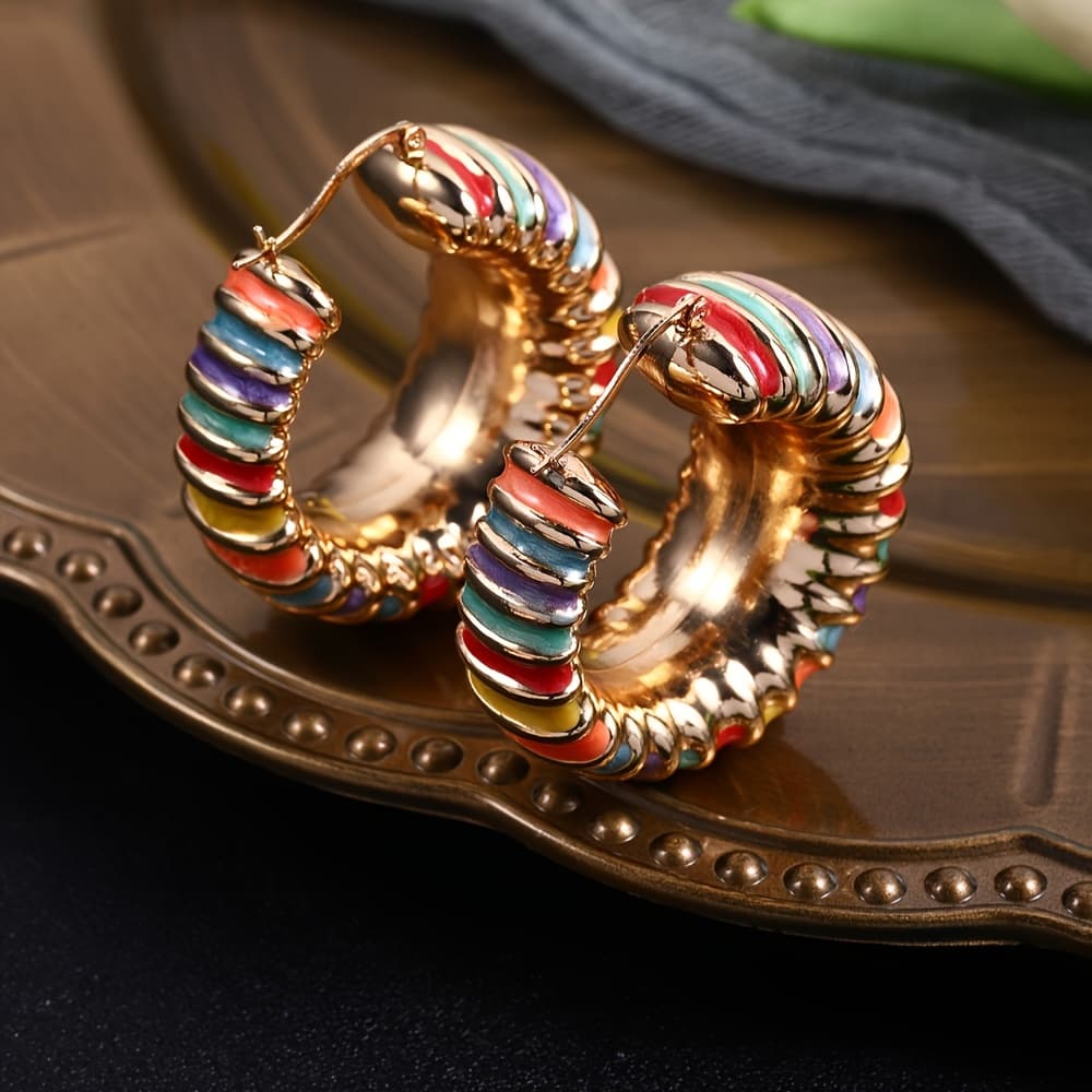TEMU 1 Pair Of Colorful Striped Enamel Drop Earrings - Vintage And Elegant Rainbow Half-hoop Design, Luxurious Party Jewelry For Sophisticated Style, Unusual Jewelry For Women And Men, High Quality
