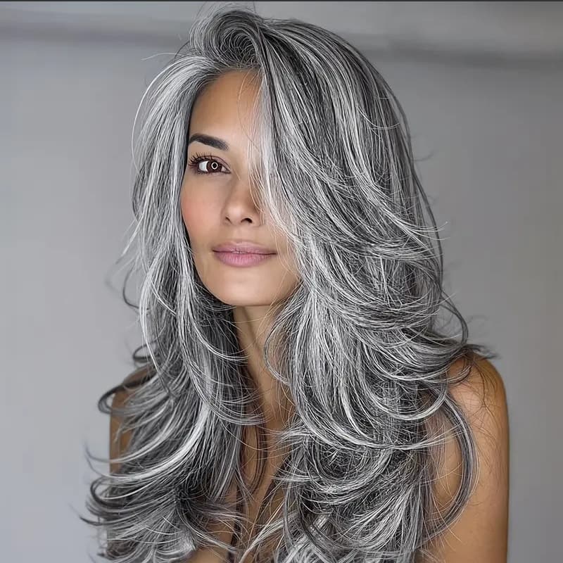 TEMU Women's New Stylish Wig - Center Part Layered Cut Salt And Pepper Wig, Synthetic Hair With , Comfortable Lightweight & Breathable, Suitable For Daily Wear, , Parties, Vacations & More