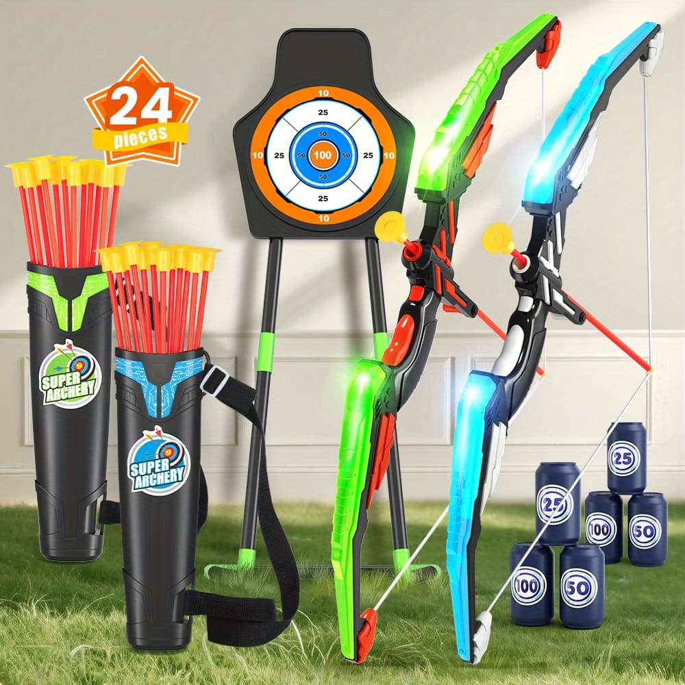 TEMU Hyes 2 Pack Kids Bow And Arrow, Led Light Up With 24 Suction Cup Arrows, Indoor Outdoor Sport Toys Gifts For 3 4 9 12 Year Old Boys Girls, Birthday/christmas/halloween Gifts