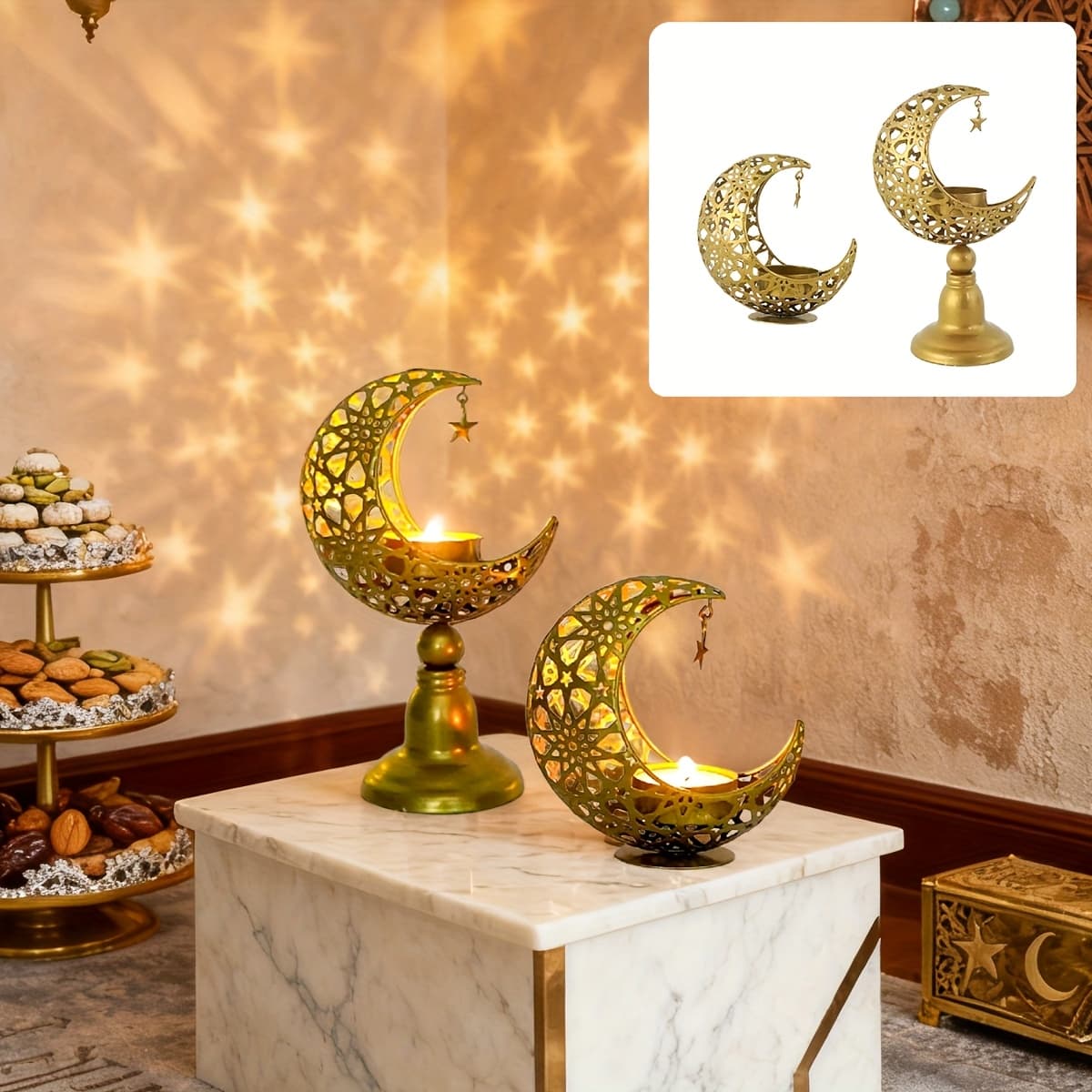 TEMU 2pcs Ramadan Metal Moon Candlestick, Holder Table Decoration, Middle Eastern Festival Decoration For Breaking The Fast [excluding Candles]
