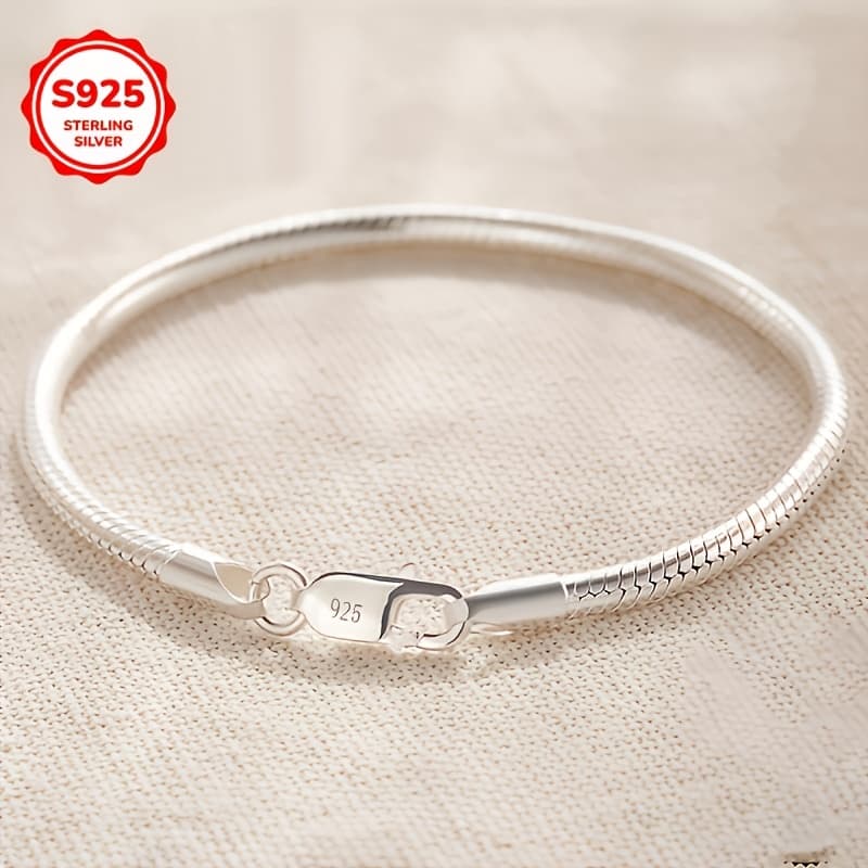 TEMU 925 Sterling Silver Snake Bone Bracelet, Minimalist Style,, Suitable For Men And Women, Daily And Party Wear, Valentine's Day Gifts, Jewelry For All