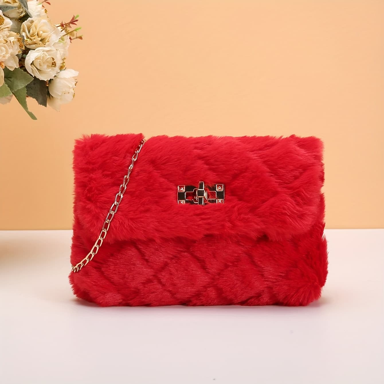TEMU Material Crossbody Bag For Women, Autumn And Winter Versatile Chain Shoulder Bag, Plush Lock Small Square Bag