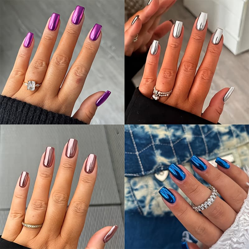 TEMU 96pcs Of Silvery, Purple, Rose Golden, And Royal Blue Chrome-plated Square Press-on Nails, Short And Medium-sized Mirror-end Metal-plated False Acrylic Nails, Metal False Nails