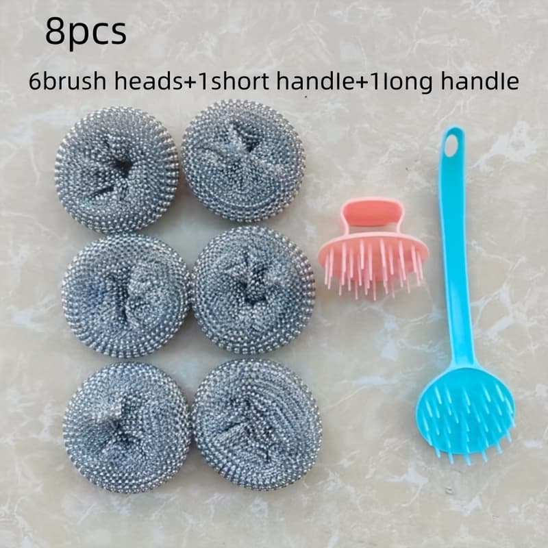 TEMU 8pcs Kitchen Pan Cleaning Ball With Handle Brush, Multi-functional Dishwashing Set For Home Use