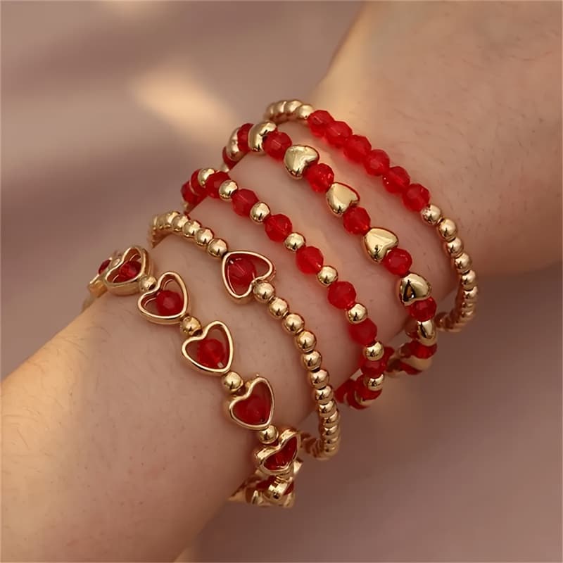 TEMU 5pcs/set Fashionable Boho Women's Bracelet Valentine's Day Beaded Red Heart Stacked Bracelet Jewelry Gift