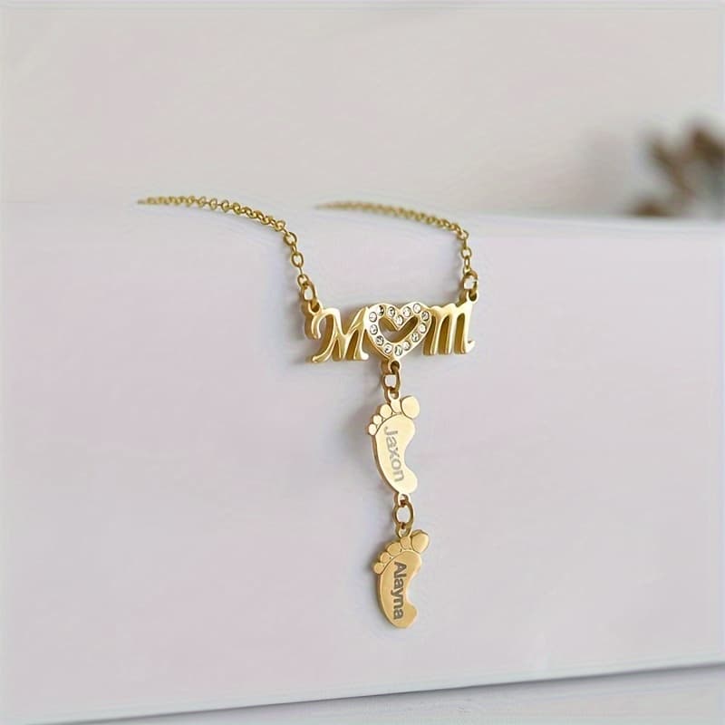 TEMU Personalized Custom Family Name Stainless Steel Pendant Necklace Footprint Shape Engraved Name Anniversary Holiday Gift Memorial Gift For