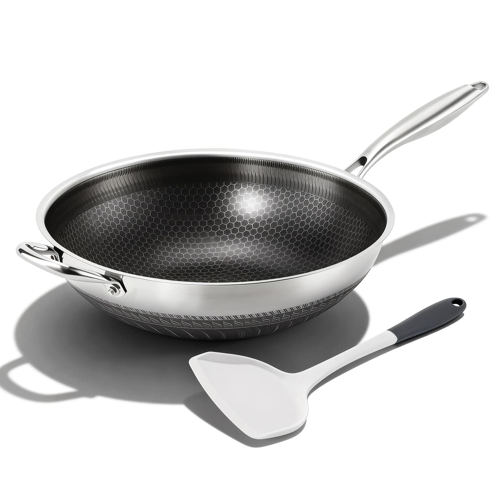 TEMU Wok, 13.3-inch Wok With Lid, Induction-compatible Stainless Steel Deep Wok And Frying Pan, Heat-resistant Handle Frying Pan