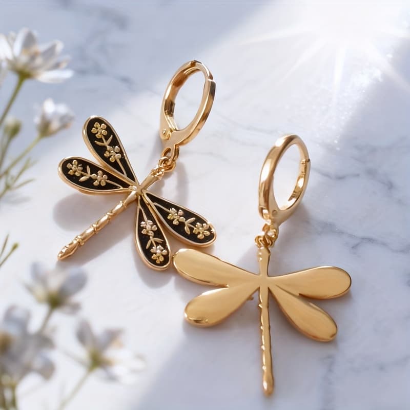 TEMU A Pair Of Dragonfly Shaped Earrings With Carved Flowers On Dragonfly Wings Simple Elegant And -