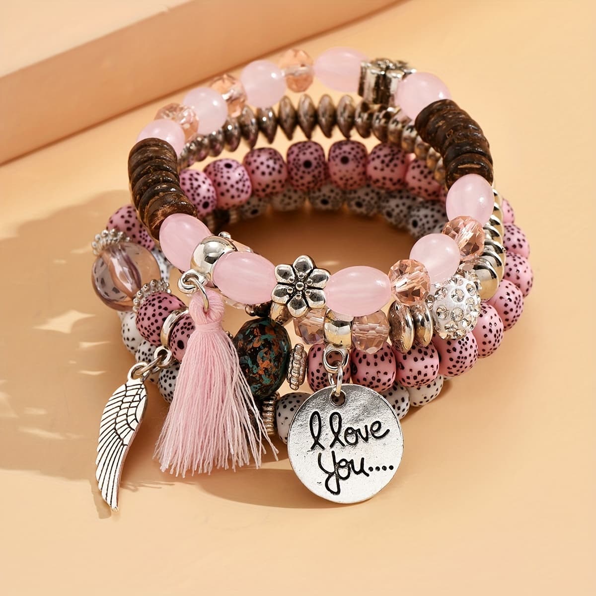 TEMU 4pcs Bohemian Style Stacking Bracelets With Wings, Tassels & "i Love You" Charms, Assorted Beads, Ideal Gift For Teens , Bracelet Charms