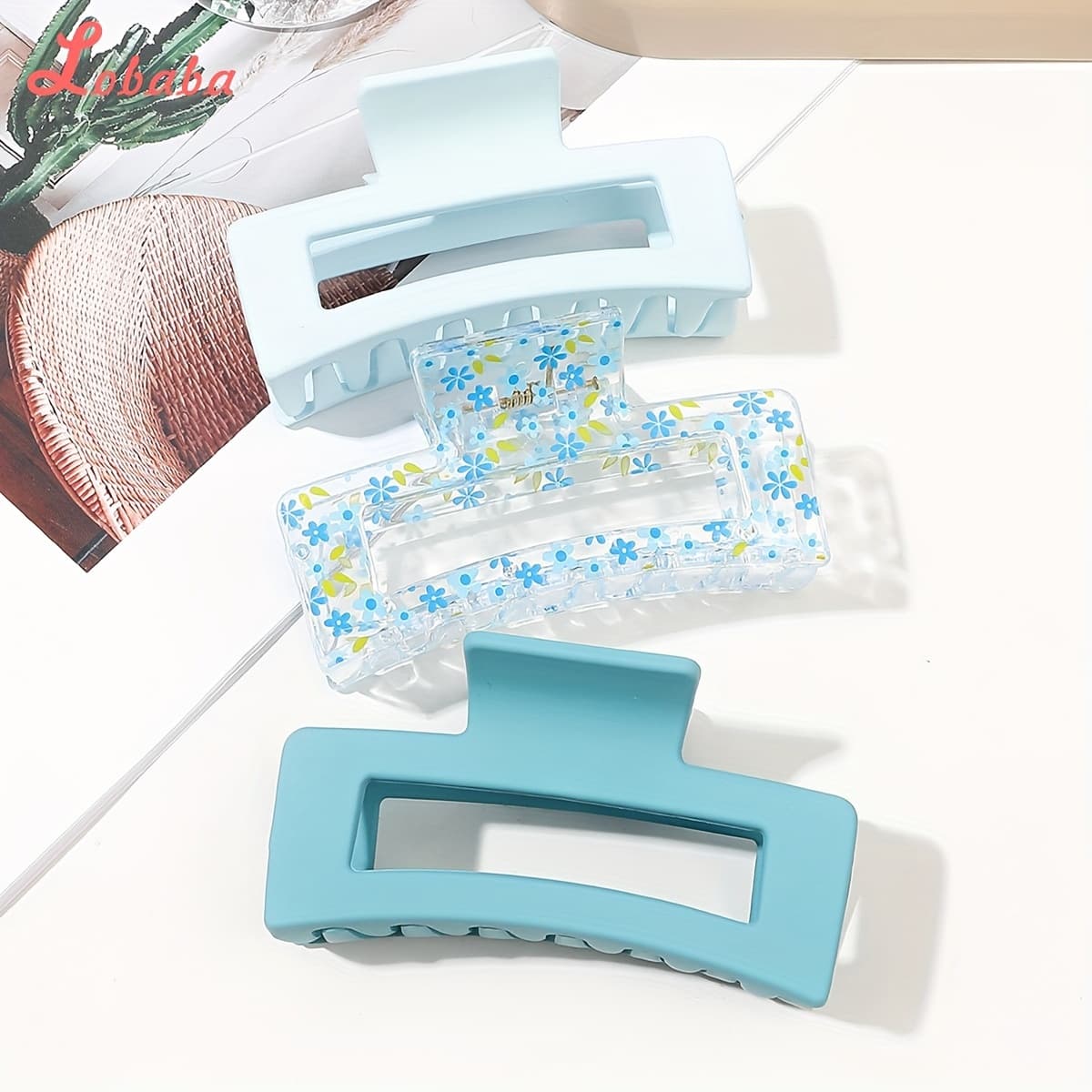 TEMU 3pcs Square Hair Claw Clip Solid Color Transparent Printed Hair Bun Clip Shark Clip Headwear Hair Additions