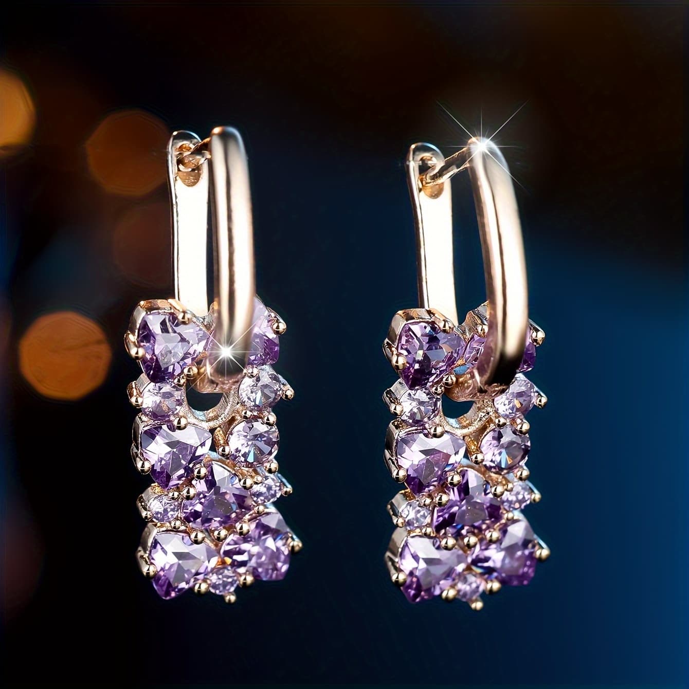 TEMU Elegant Purple Zirconia Hoop Earrings For Ladies, Perfect For Banquets And Weddings