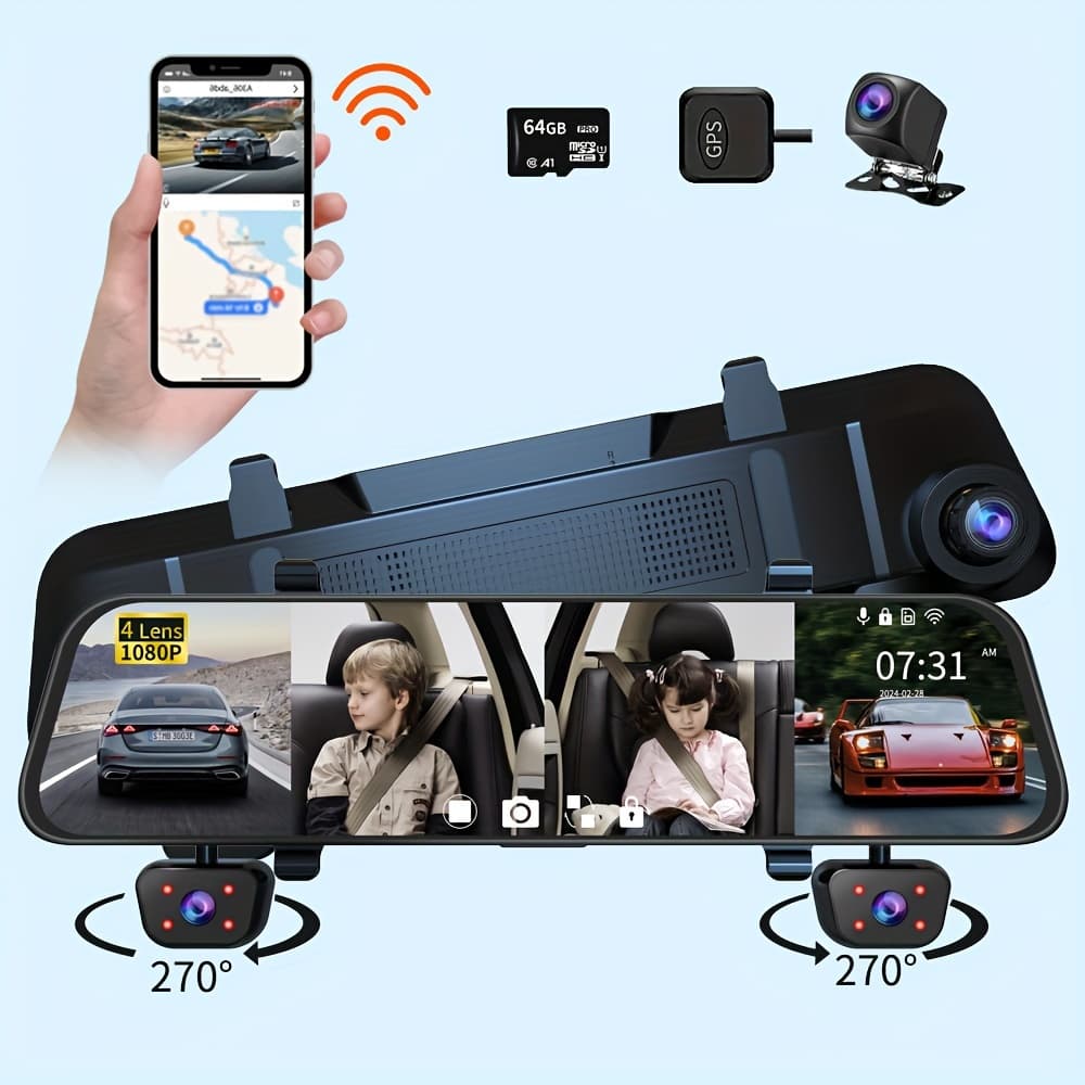 TEMU Dash Cam For Cars Wifi Gps Free 64g Card Large Rearview Mirror Touch 1080p 4 Channels Front Rear Camera Loop Recording Car Recorder Tachograph