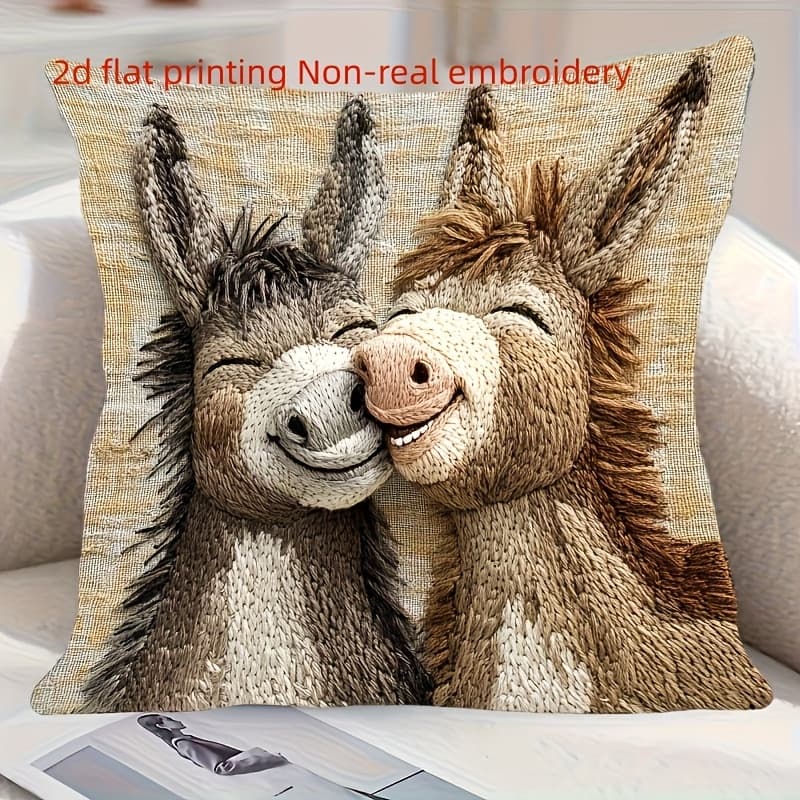 TEMU 2d Flat Printing, Plush Donkey Pillowcase - Cute Cartoon Donkey Design, Soft Beige Background, Perfect For Home Decor, Weddings, Office , Options ( Not Included)