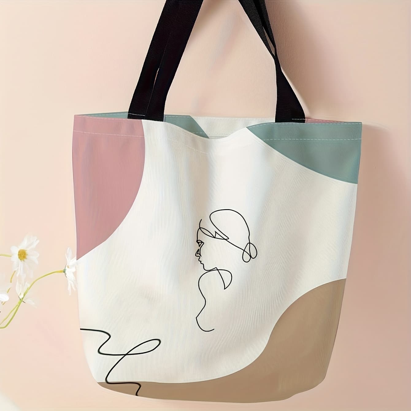 TEMU Line Pattern Printed Casual Tote Bag, Reusable Fashionable Backpack, Multifunctional Handbag, Letter Printed Shopping Bag