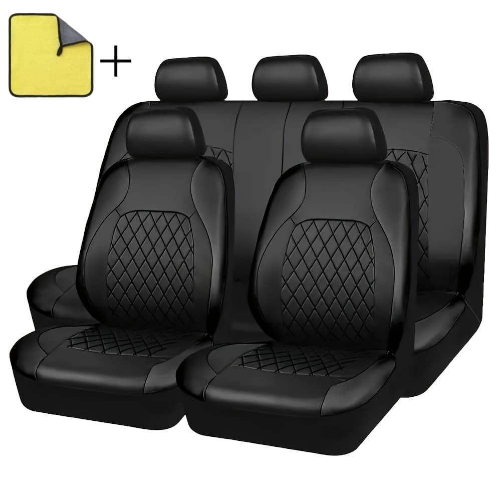 TEMU Car Faux Leather Seat Covers Full Set Black 5pcs Universal Anti Slip & Durable All Season Free Cleaning Cloth