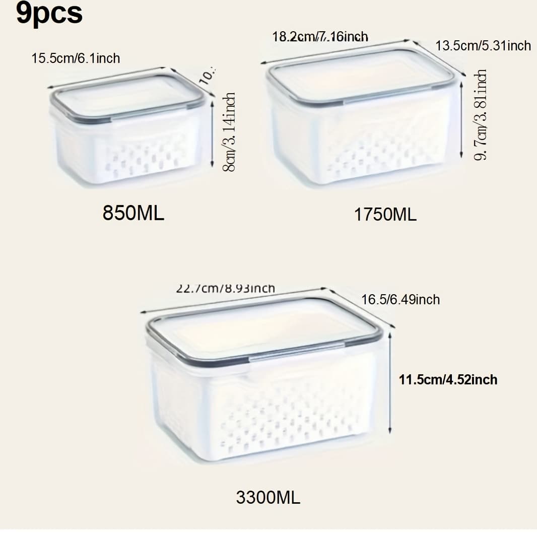 TEMU 9pcs Bpa-free Plastic Food Storage Container Set With Drain Basket And Lids - Leakproof, Fridge-safe, Reusable Kitchen Organizer For Fruits, Vegetables, And Food, Christmas