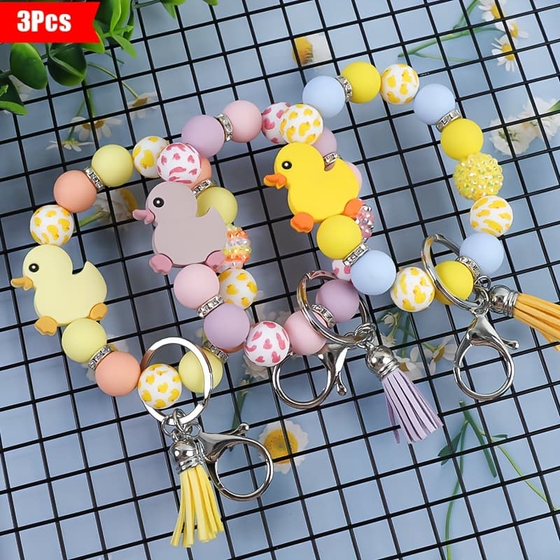 TEMU 3pcs Cute Cartoon Duck Bead Keychain Holiday Gift