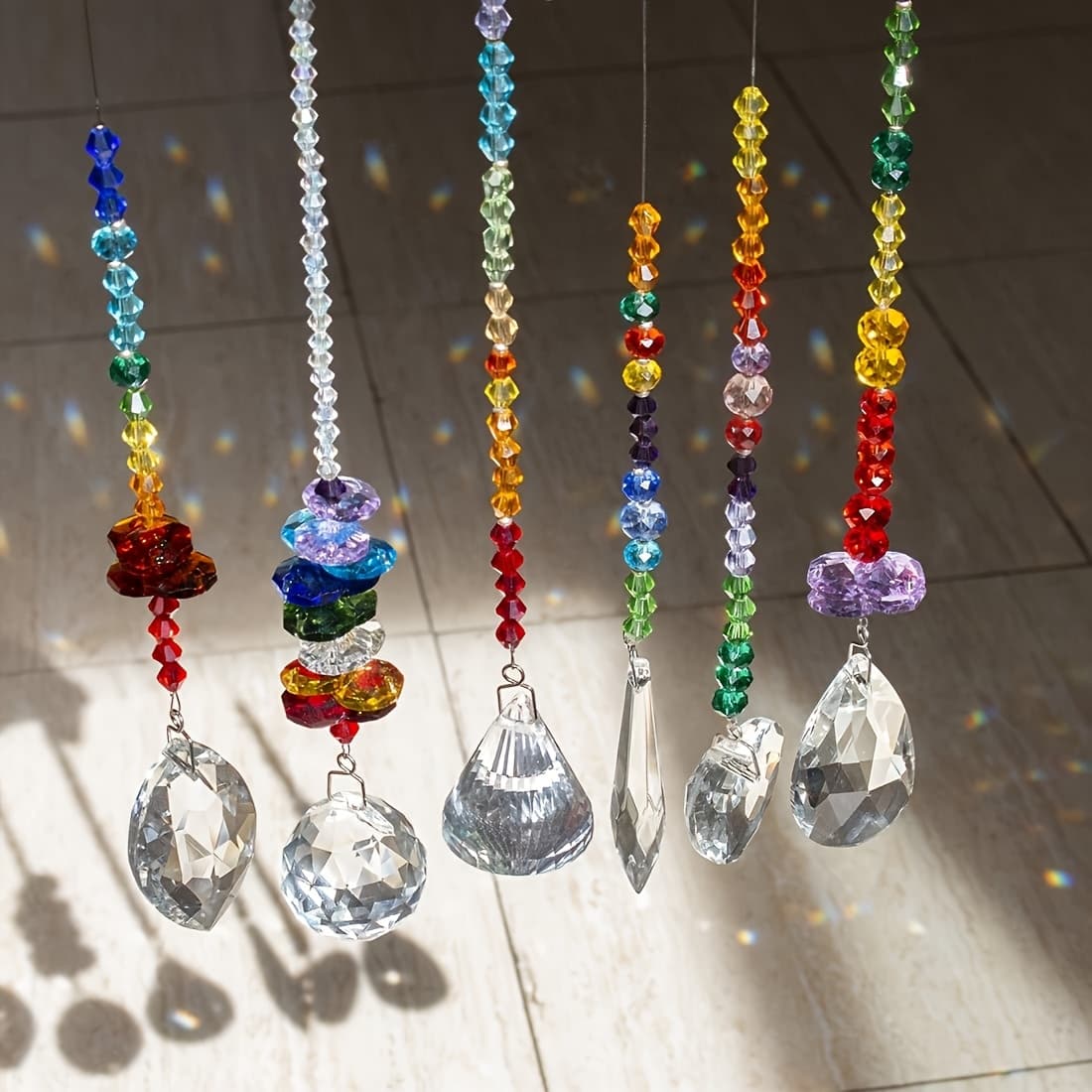 TEMU 6pcs Colorful Crystal Glass Prism Pendants - Octagonal Chakra Hanging Lights For Home, Office & Garden Decor