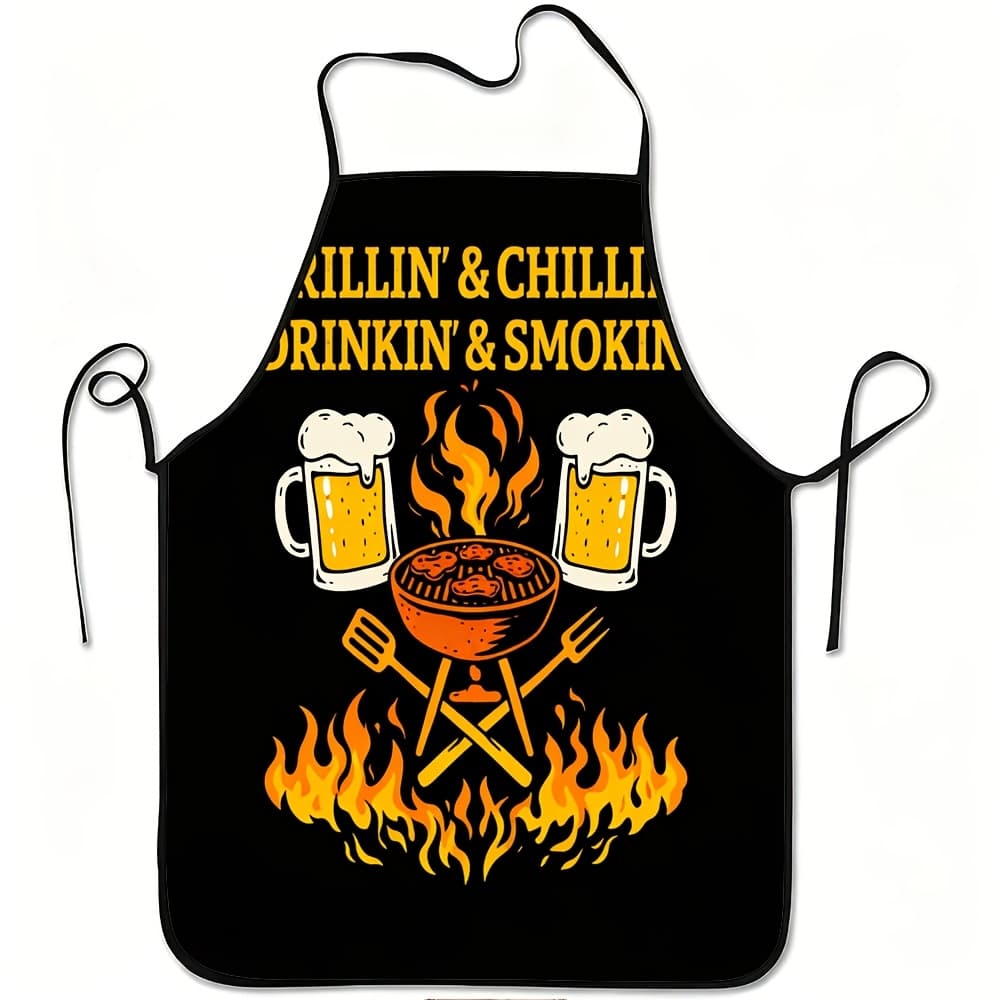 TEMU 1pc Drinkin Smokin Beer Bbq Fire Print Apron, Durable And Easy To Clean, Adjustable Waistband, Polyester Material, For Kitchen Cooking, Gardening, Picking, Christmas Halloween