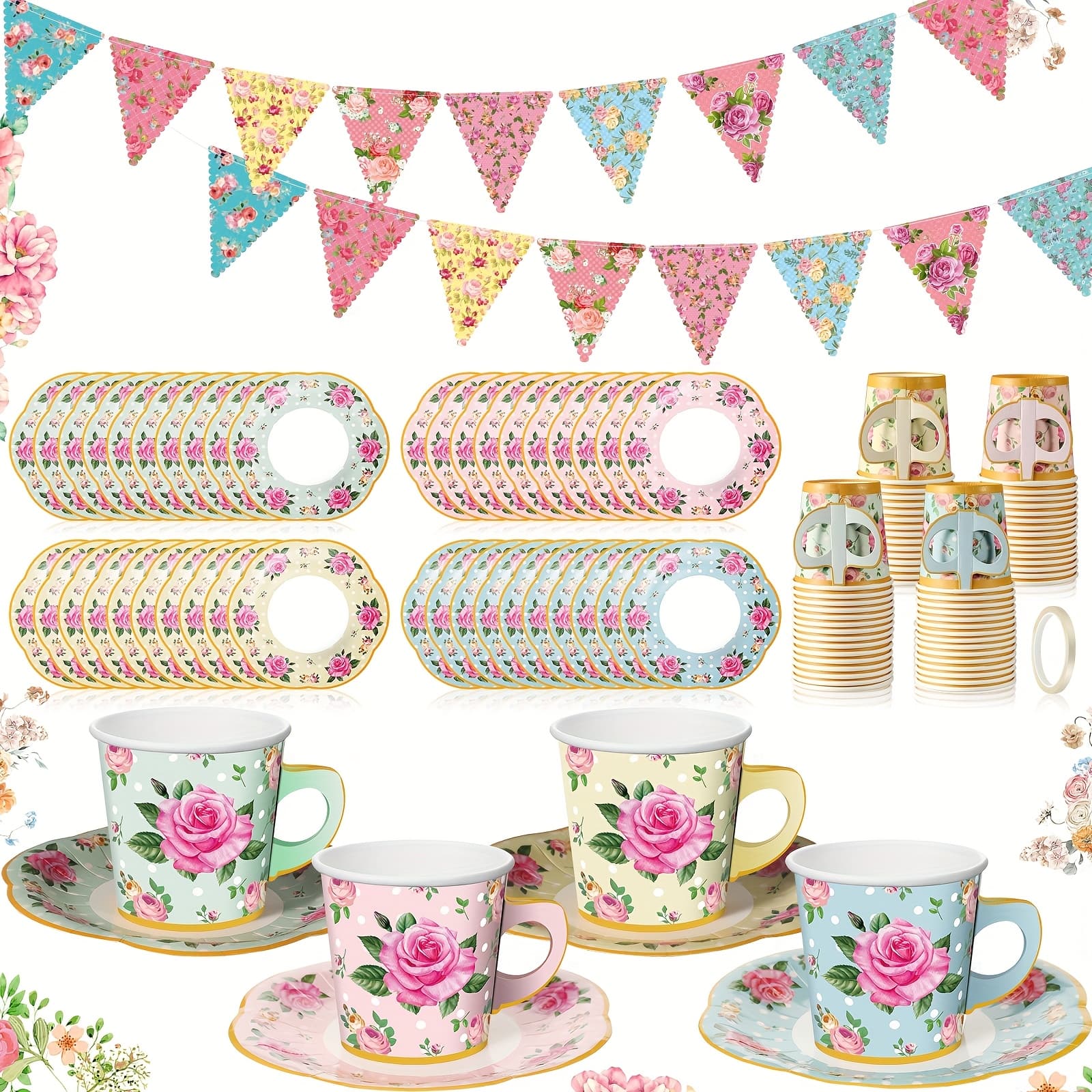 TEMU 98pcs Of Tea Party Decor Including 26 Feet Of Floral Paper Bunting, 6.5 Oz Floral Paper Cups With Handles And Saucers, And Disposable Tea Sets For Weddings And Birthdays ()