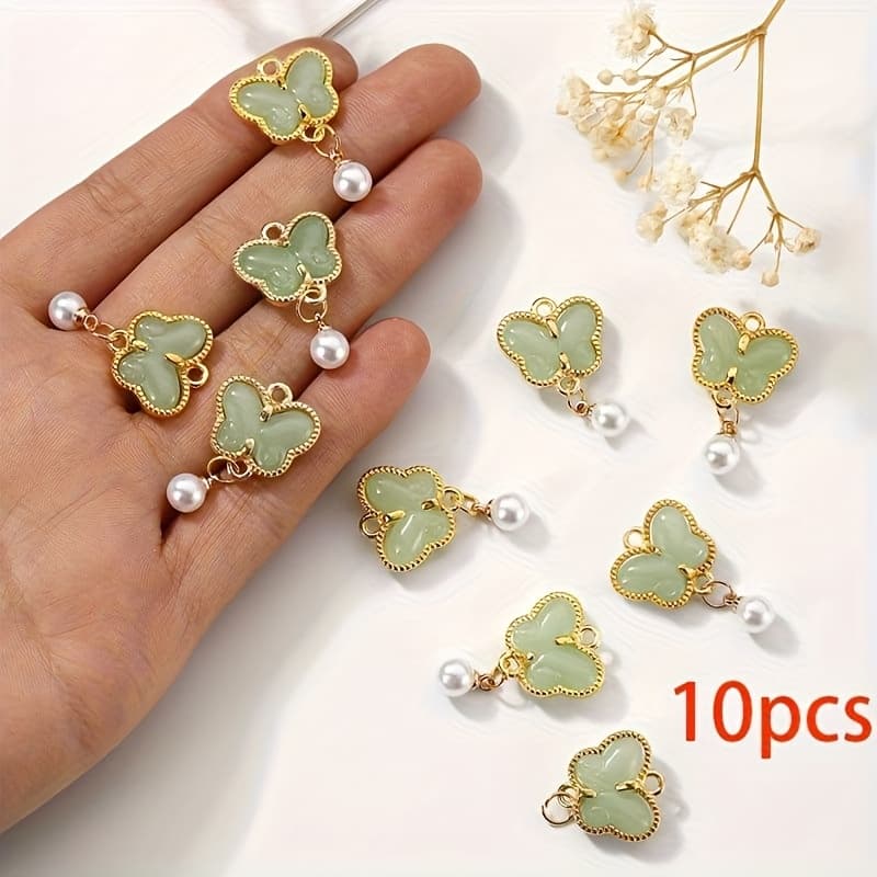 TEMU 10 Vintage Chinese-style Pendants – Elegant Green Glass Pendants With And Pearl Accents, Suitable For Necklaces, Bracelets, Earrings, And Craft Decorations, Perfect Gift Idea