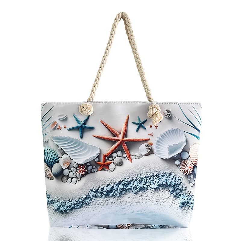 TEMU 3d Ocean Element Beach Bag With Starfish And Seashell Print, Large Capacity Jute Rope Tote Bag, A Beautiful Women's Tote Shoulder Bag, Perfect For Vacation Use