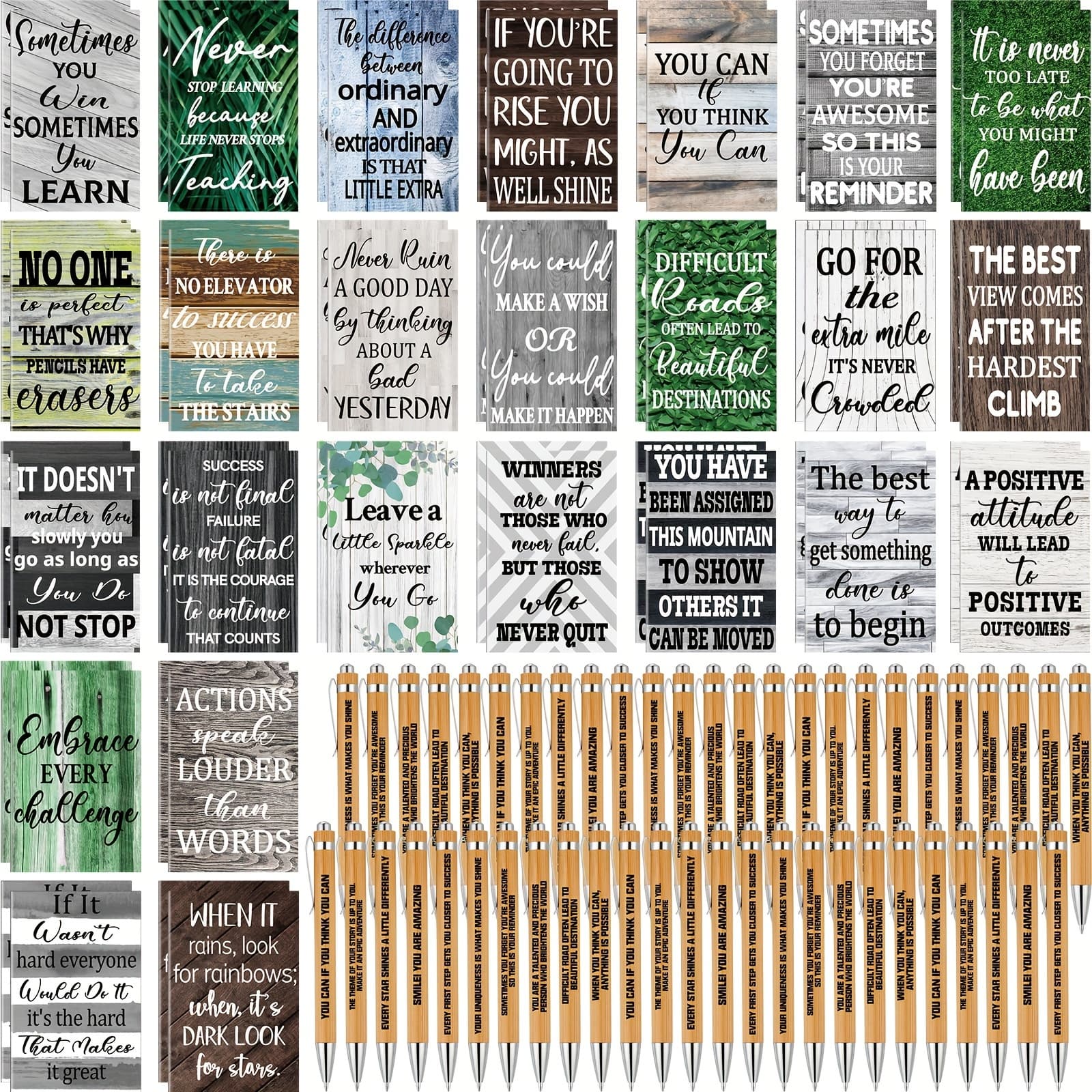 TEMU 100pcs Back To School Gifts 50pcs Inspirational Notepads 50pcs Ballpoint Pens Mini Motivational Pocket Notebooks Journals Bulk Gifts Inspirational Pens For Office Supplies(wood Grain Style)