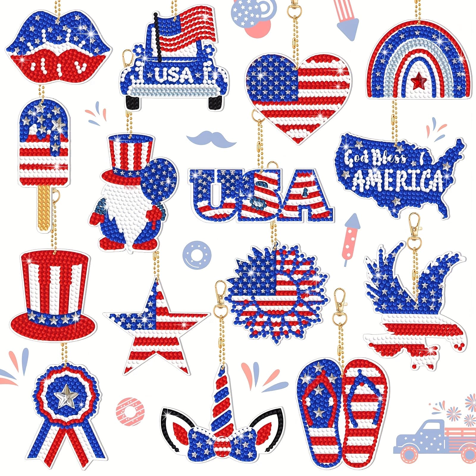 TEMU 15pcs Red Blue Ring Labor Day Diy Ornament For Party Supplies Decoration Diamond Painting Kits Patriotic Diamond Painting Keychains Memorial Day Party Gifts (patriotic Style)