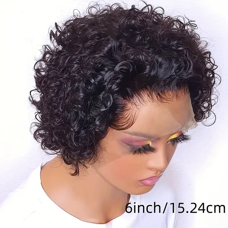 TEMU Human Hair Cut Wigs With A 13x1 Lace Frontal, Featuring Short Curly Styles In 6-inch Hd Lace Front Options. In Natural Black, 350 Orange, T1b/99j, And #4 Colors, Pre- For Women