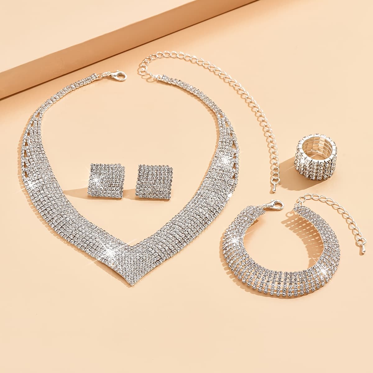 TEMU Luxury 5pcs Jewelry Set - Earrings, Necklace, Bracelet, And Ring - Sparkling Synthetic Zirconia Bridal Engagement, Wedding/party Party Accessories, , Birthday, Holiday Gifts For Wives And
