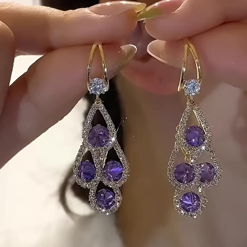 TEMU 1 Pair Of High-end Sparkling Purple Artificial Crystal Teardrop Shaped Earrings, Elegant Ladies' Daily And Holiday Party Jewelry Accessories