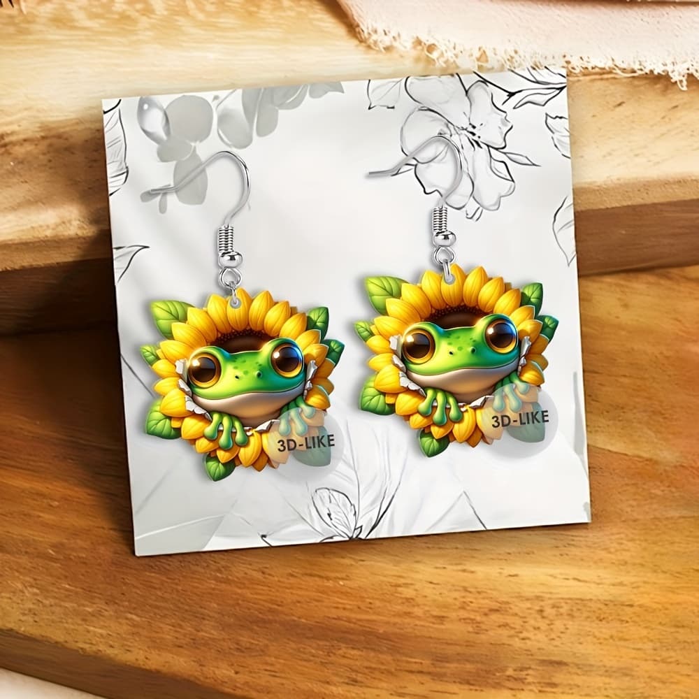 TEMU 2d Flat, [2d Flat]1pair Frog In Sunflower Earrings, 3d-like Funny Creative Earrings, 2d Acrylic Jewelry, For Women's Creative Gift, Cheap Stuff, Weird Stuff, Cute Aesthetic Stuff