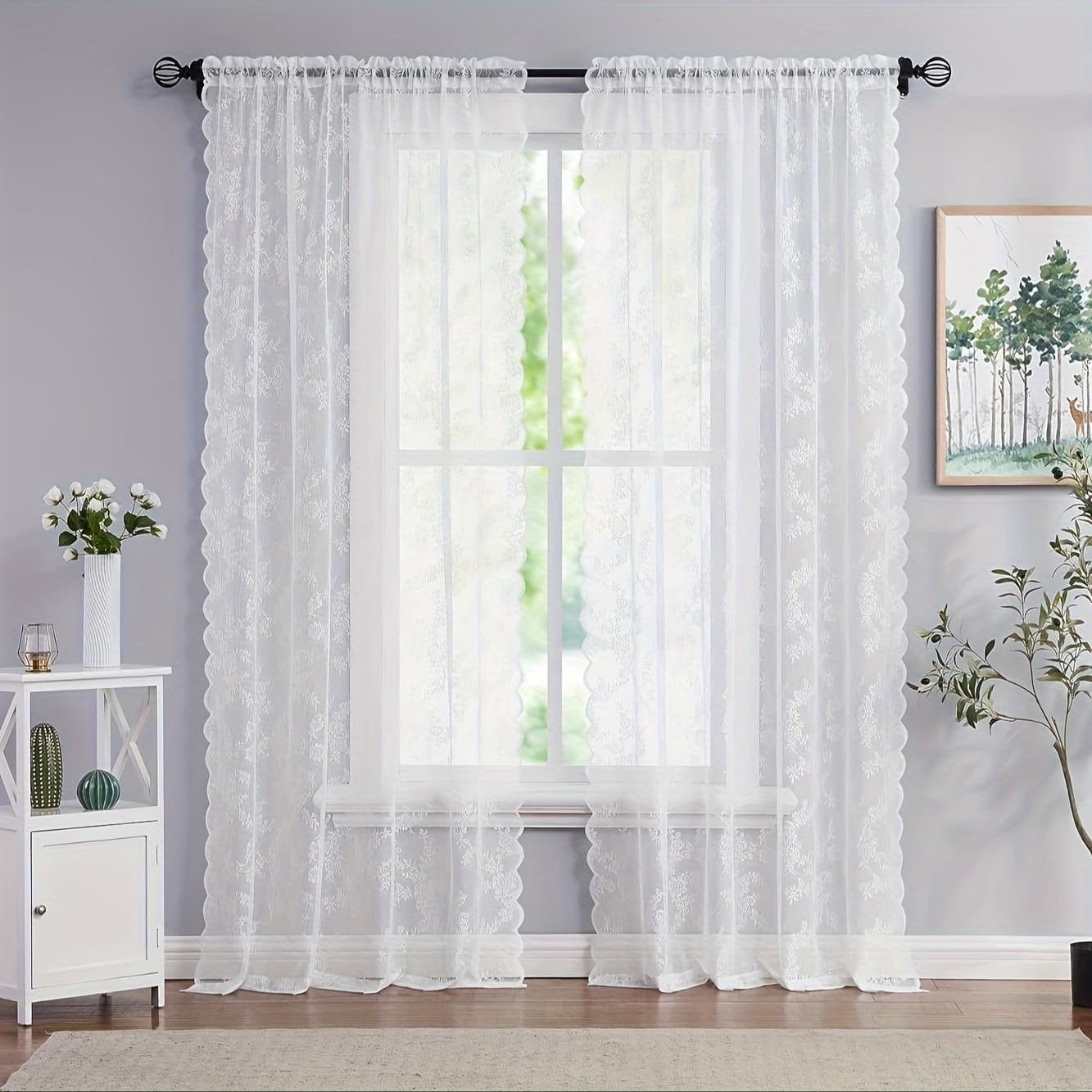 TEMU 1pc Vintage Floral Embroidered Sheer Lace Curtain Panel - Privacy & Light Filtering, Machine Washable For Living Room Decor