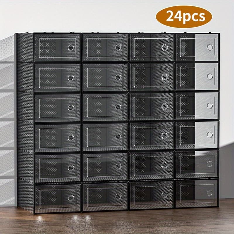 TEMU 6/12/24 Pack Large Shoe Storage Organizer For Closet, Saving Shoe Boxes Clear Plastic Stackable Containers Display Case Bins With Lids, Shoe Rack For Sneaker Storage, White And Black