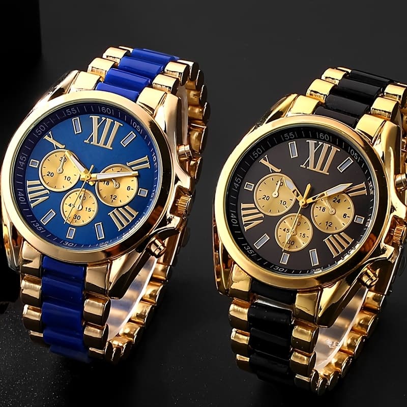 TEMU 2pcs/set Men's Luxury Golden-tone Retro Quartz Watch Roman - Elegant Casual Watches 2pcs(black + Blue), Classic Round Case For Casual & Formal Wear, Formal Wristwatch | Luxury Men's Clock