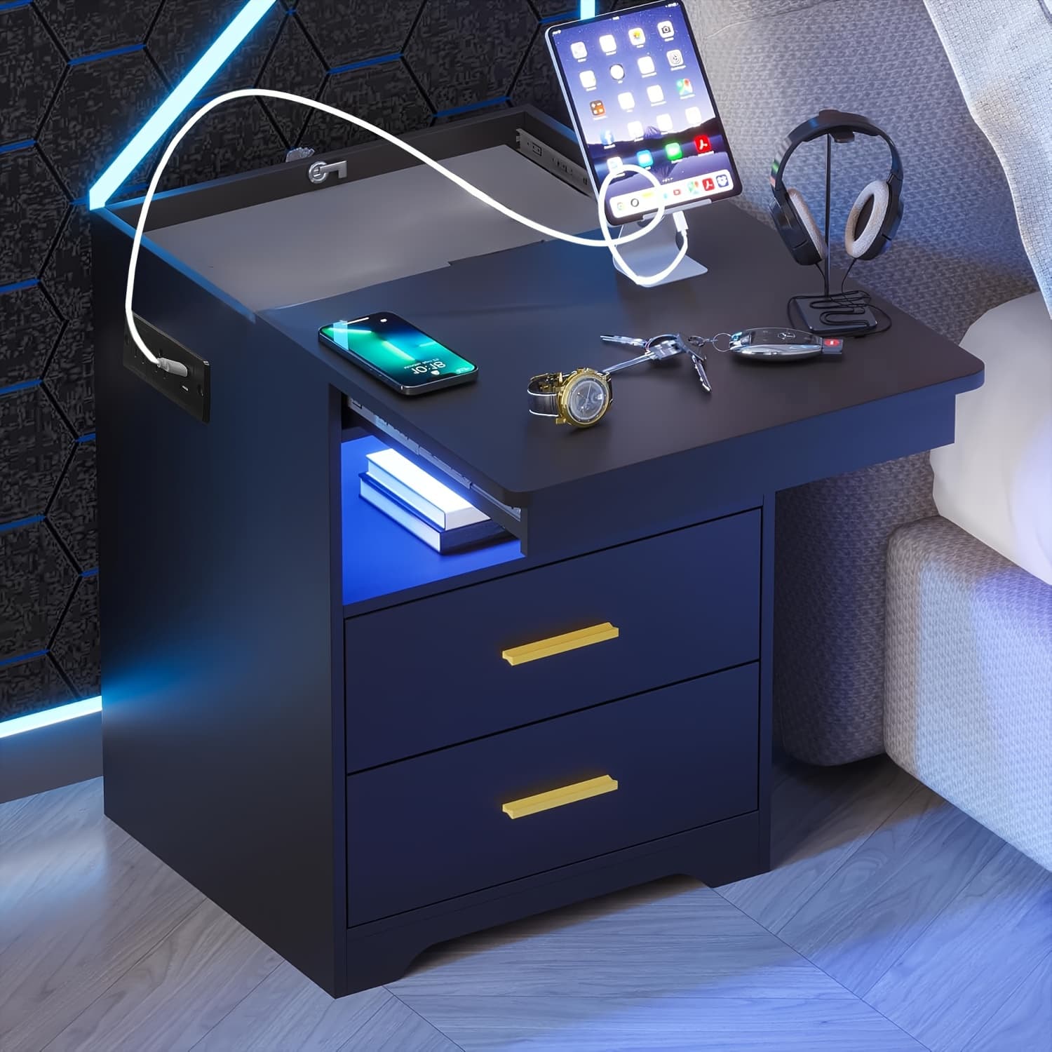 TEMU Modern Bedroom Nightstand With Hidden Drawer | 16-color Adjustable Led, Charging Station, And Open Storage,