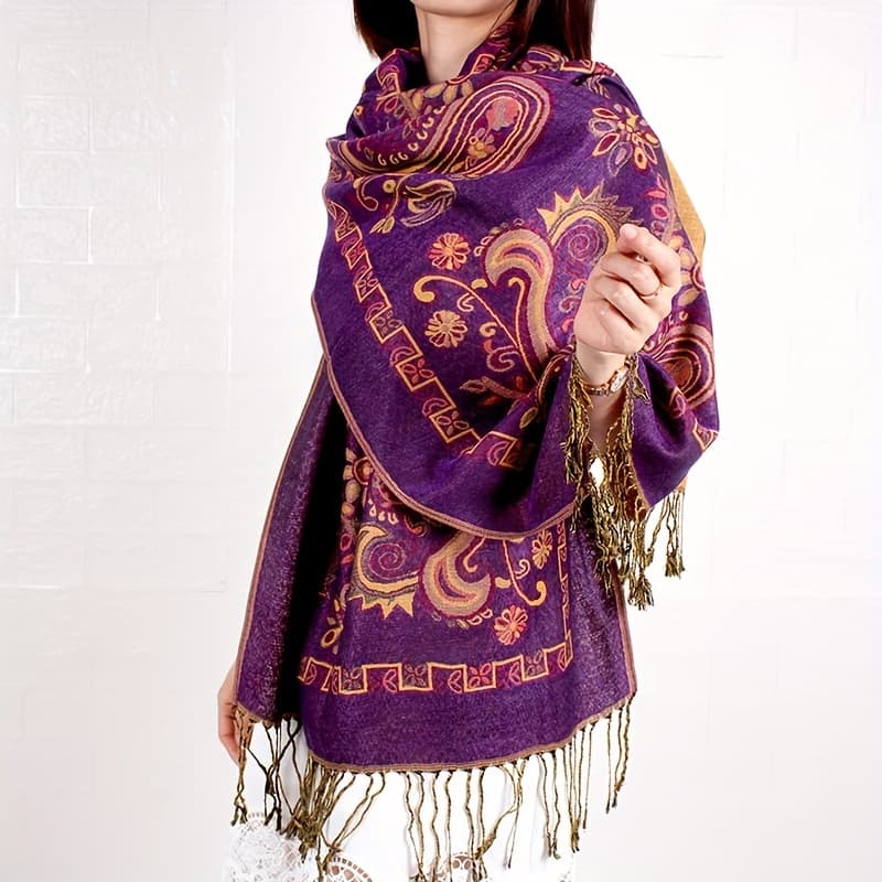 TEMU Colored Paisley Patterned Burgundy Scarf - Cozy, Warm, And Neck Wrap Ideal For Travel, Music Festivals, And - Ethnic-inspired Shawl With Fringe Accents