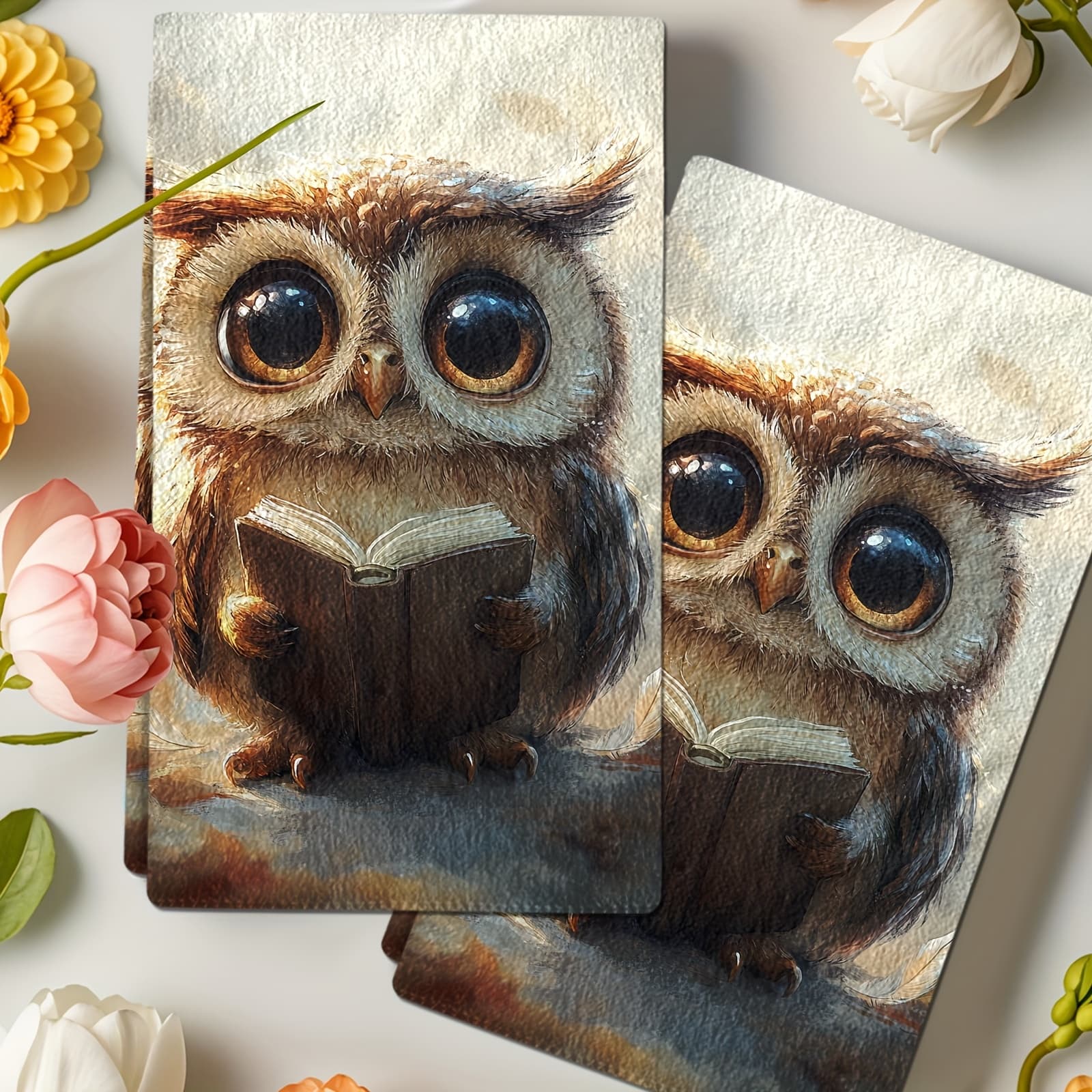 TEMU Of 2 Adorable Owl Towels - Gentle, Absorbent Microfiber Dish Cloths Featuring A Book Pattern, Ideal For Autumn Decoration & Presents, Measuring 69.09x46.74 Cm