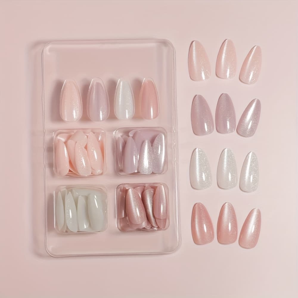 TEMU 96pcs Almond Shaped Cat Eye Press-on Nails Set, Eye Patches, Fashion False Nails With Jelly Glue And Nail File For Women's Decoration