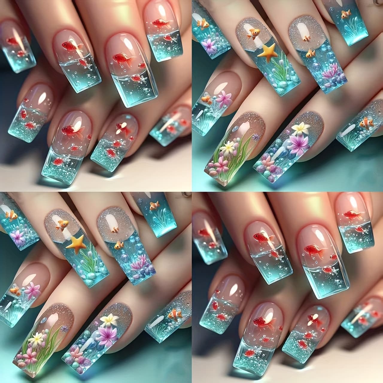 TEMU Style Deep-sea Mystery Elegant And Romantic Small Fish Wearable Nail Art, Removable, 96pcs