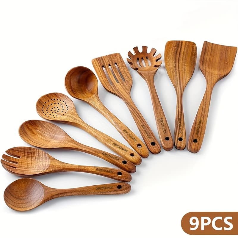 TEMU 6/9pcs Wooden Spoons For Cooking - Smooth End Teak Wooden Utensils Forcooking - -grip For Cooking - Wooden Cookingutensils - Wooden Spoon Sets