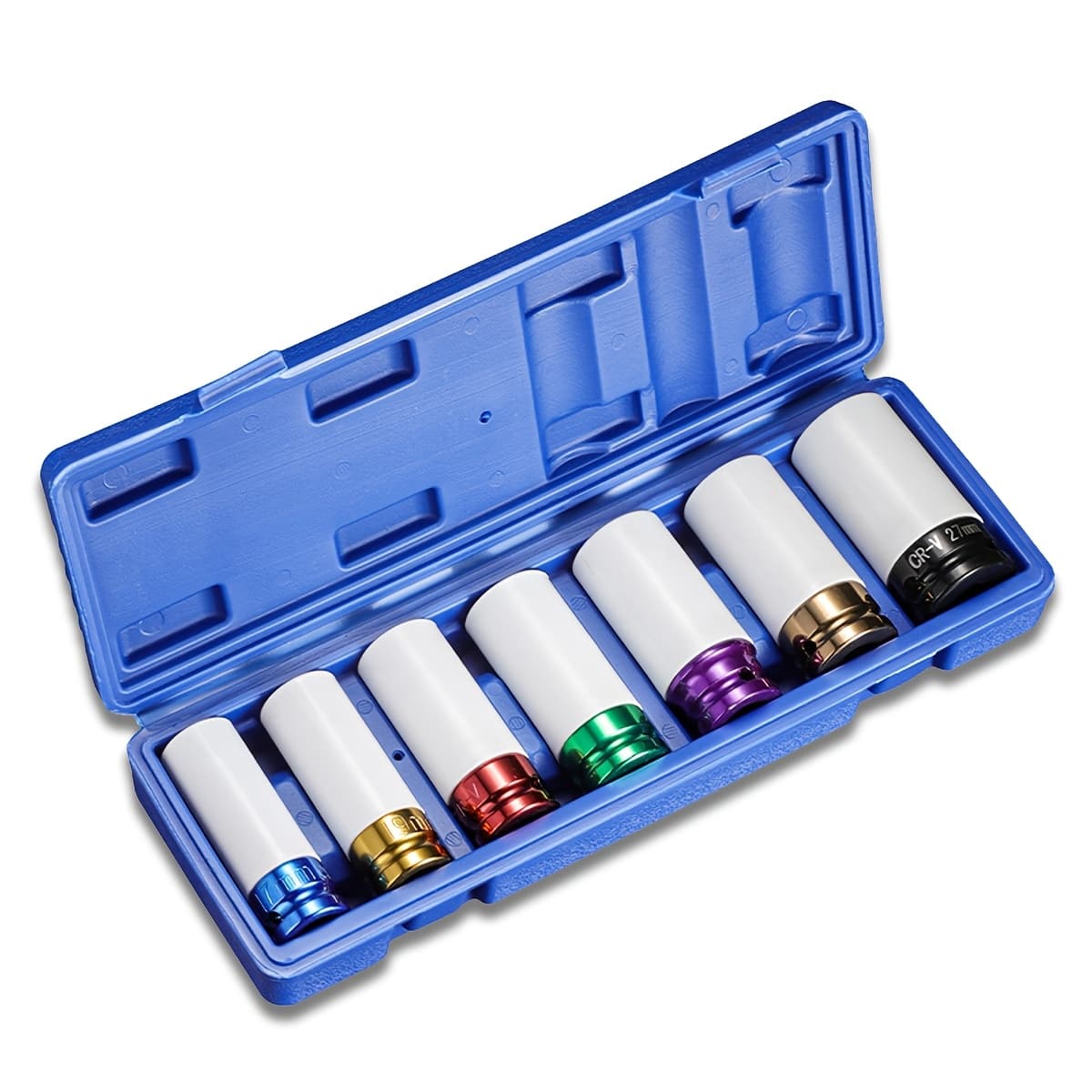 TEMU 1/2" Socket, 7pcs Thin Wall Deep Impact Socket Set, Durable Plastic Sleeve Socket, 6 Point, Metric, Color-coded, 17mm, 19mm, 21mm, 22mm, 23mm, 24mm, 27mm