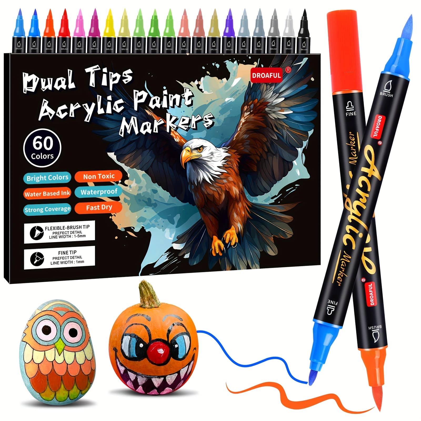 TEMU 60 Color Acrylic Paint Pens Markers, Dual Tips Waterproof Paint Markers For Rock Painting, Fabric, Metal, Glass, Wood, Canvas, Ceramic, Plastic, Non-toxic & Odor, Premium Art And Craft Supplies