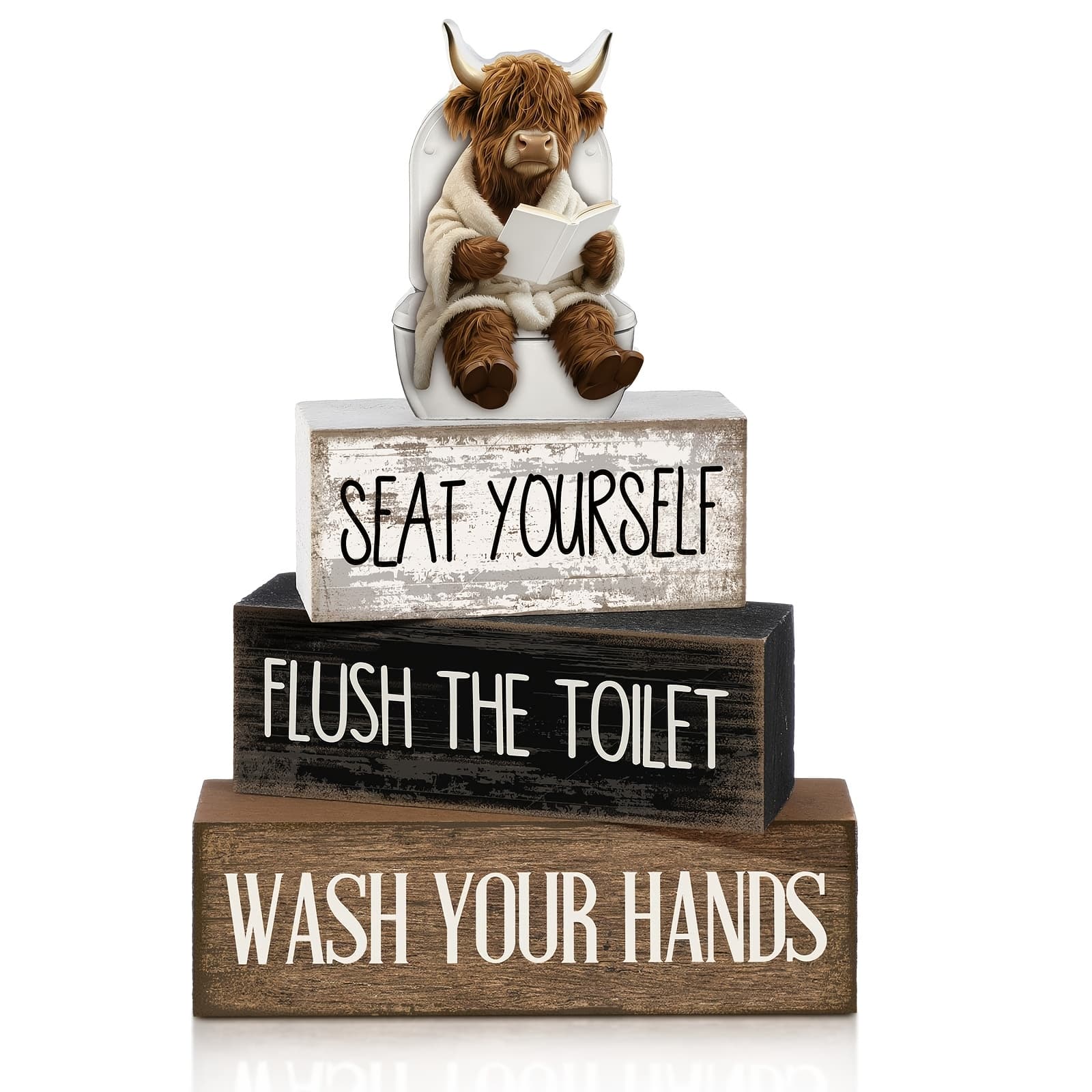 TEMU Funny Highland Cow Bathroom Decor Set | Rustic Wooden Tiered Sign Blocks With Bathroom Reminders, Farmhouse Style Tabletop Decor For Bathroom, Living Room, Office, Humorous Home Decor Gift