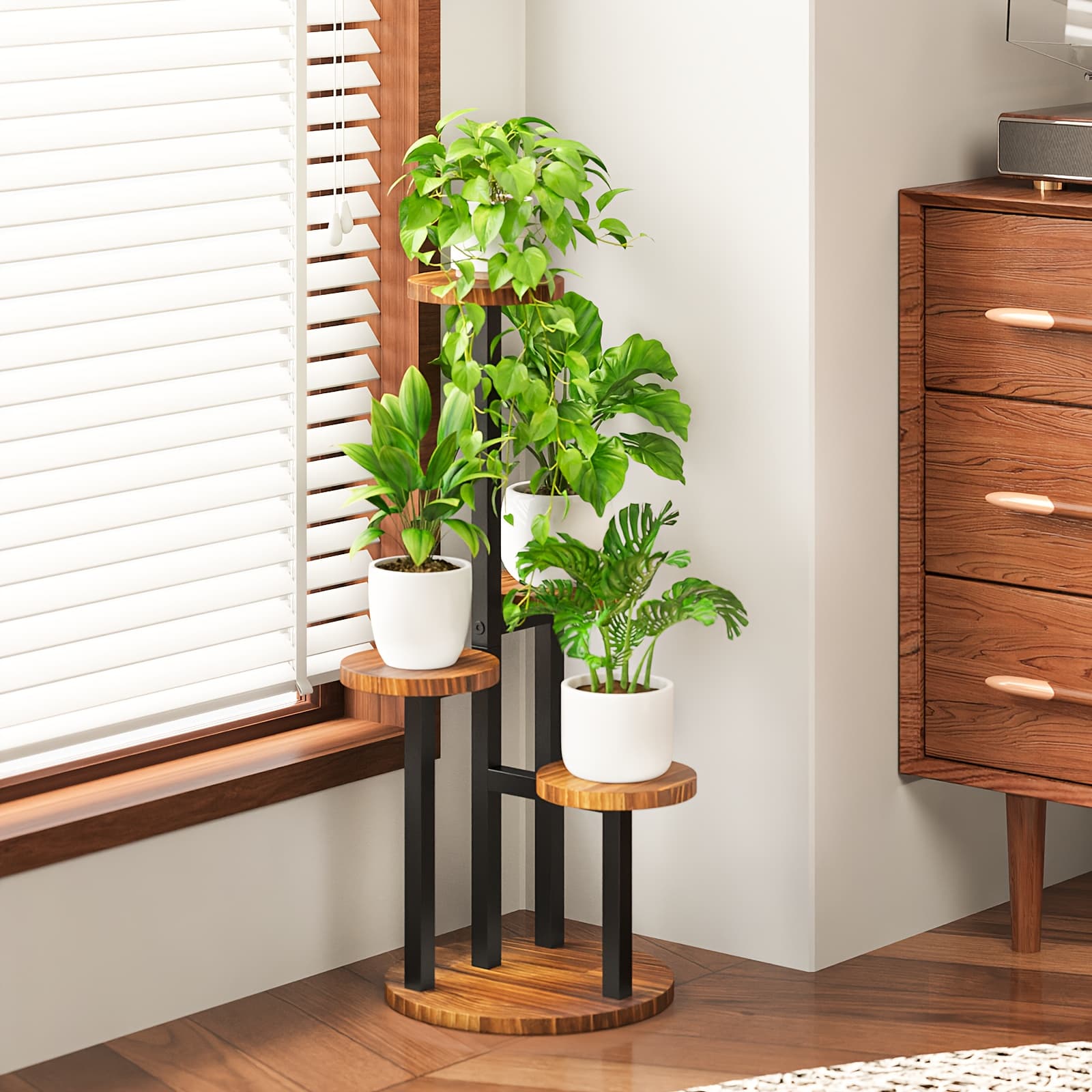 TEMU 4-tier Corner Plant Stand, Tall Metal Wood Plant Shelf Holder For Indoor, Outdoor Display Rack Flower Pot Stand For Living Room Balcony Garden Patio