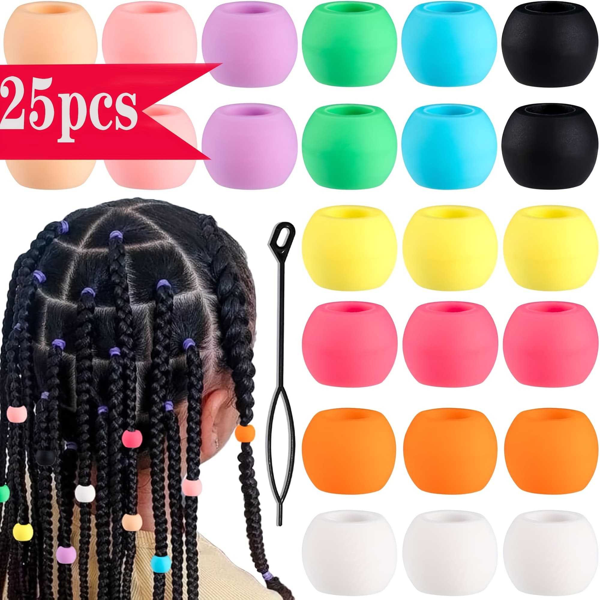 TEMU 25pcs Silicone Hair Beads For Women, Colorful Spacer Beads, Soft Braiding Accessories, Suitable For Thin, Thick, And Curly Hair, Includes Black Hair Needles
