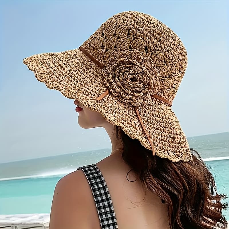 TEMU Elegant Women's Straw Bucket Hat With Floral Crochet Detail - Breathable, Sun-protective, Versatile Summer Beach , Machine Washable, Beach Hat