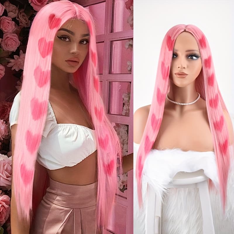 TEMU Women' /korean Style Hairline Long Straight Synthetic Wig - Light Pink Middle Part /korean Style Wigs Suitable For Daily Use, Cosplay, Parties & Events ()