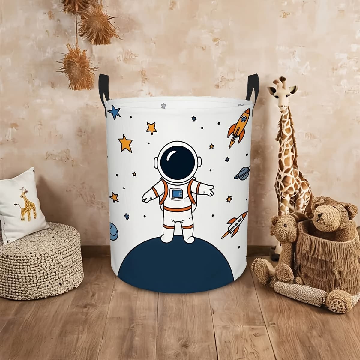 TEMU 1pc Astronaut Space-themed Laundry Basket With Sturdy Handle - Round Storage Organizer Suitable For Room,, Bathroom - Durable Polyester Hamper For Space Decor & Organizing Clothes