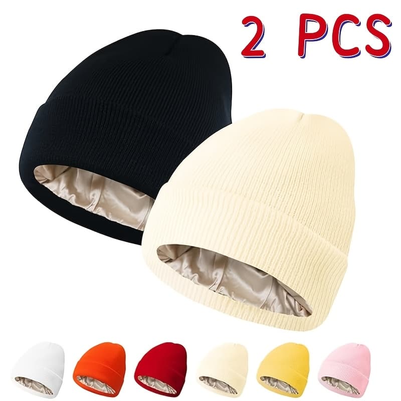 TEMU 2pcs Women And Men's Silk-lined Caps, Versatile European And Hair Care And Satin , , Suit For Cold Weather And Daily Wear, Anti-static Silk-texted Woolen , Preventing Hair From Fluffy And